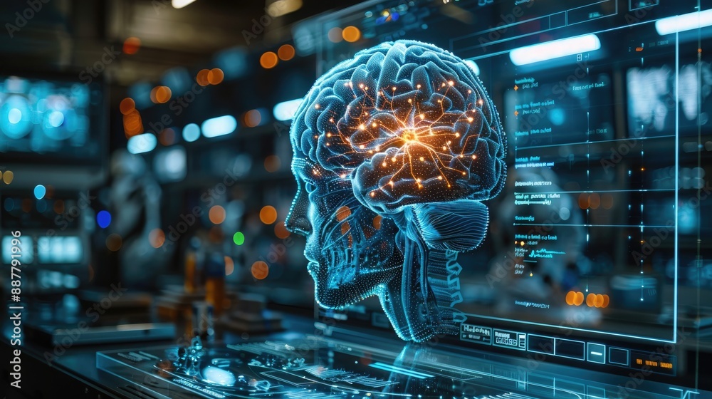 Obraz premium Futuristic digital brain hologram interface in a high-tech lab, illustrating artificial intelligence and neuroscience advancements.