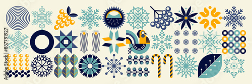 New Year geometric snowflake pattern. Merry Christmas! Ukrainian style. Scandinavian winter motifs. Snowflakes, flowers, berries, candies. Minimal illustration.