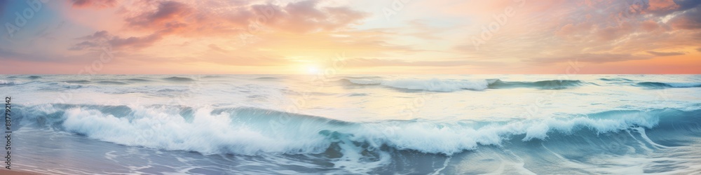 Panoramic nature landscape view of beautiful beach and sea. Inspire tropical beach with sunrise sky. Aerial top view background, drone photo backdrop of seascape horizon. Vacation travel banner Panoramic nature landscape view of beautiful beach and sea. Inspire tropical beach with sunrise sky. Aerial top view background, drone photo backdrop of seascape horizon. Vacation travel banner
