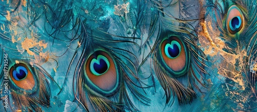 Capturing a close up of exquisite peacock feathers in vibrant blue green and gold hues against a matching background Horizontal layout featuring a decorative colorful copy space image