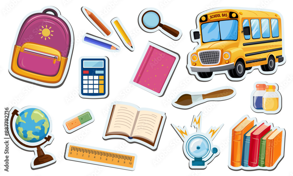 Back to school. Vector set of stickers with school supplies. Cute school icons backpack, bus, globe, books, pencils, ruler, magnifying glass, bell, calculator, brush. Isolated Back to school. Vector set of stickers with school supplies. Cute school icons backpack, bus, globe, books, pencils, ruler, magnifying glass, bell, calculator, brush. Isolated