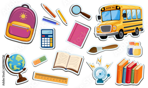  Back to school. Vector set of stickers with school supplies. Cute school icons backpack, bus, globe, books, pencils, ruler, magnifying glass, bell, calculator, brush. Isolated