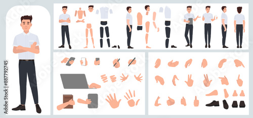 Business man avatar creation suitable for animation. Generator, constructor of diverse views of face, body, hands and leg parts. Male character construction for comfortable fast motion design.