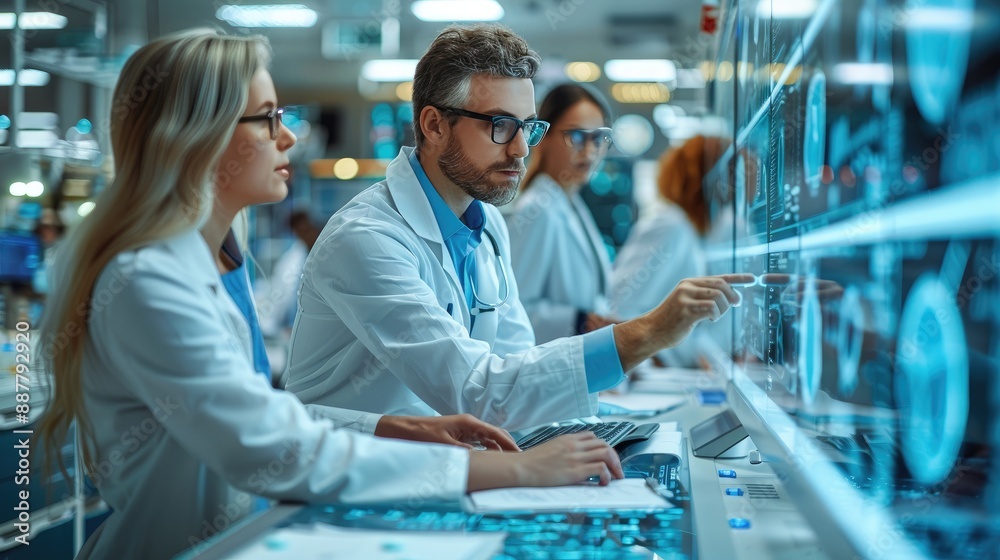 Obraz premium Scientists in a modern laboratory analyzing data on advanced digital screens, focused on scientific research and innovation.