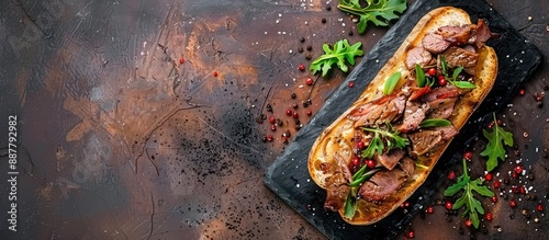 Fototapeta Naklejka Na Ścianę i Meble -  A rustic top view of a fresh appetizing foie gras liver sandwich made with goose or duck served on a table with copy space for an image of food