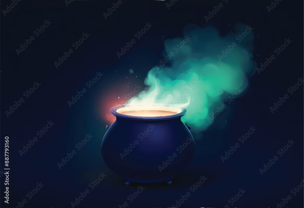 a blue cauldron with a dark blue background with a light on it and casting a smoke trails a blue cauldron with a dark blue background with a light on it and casting a smoke trails