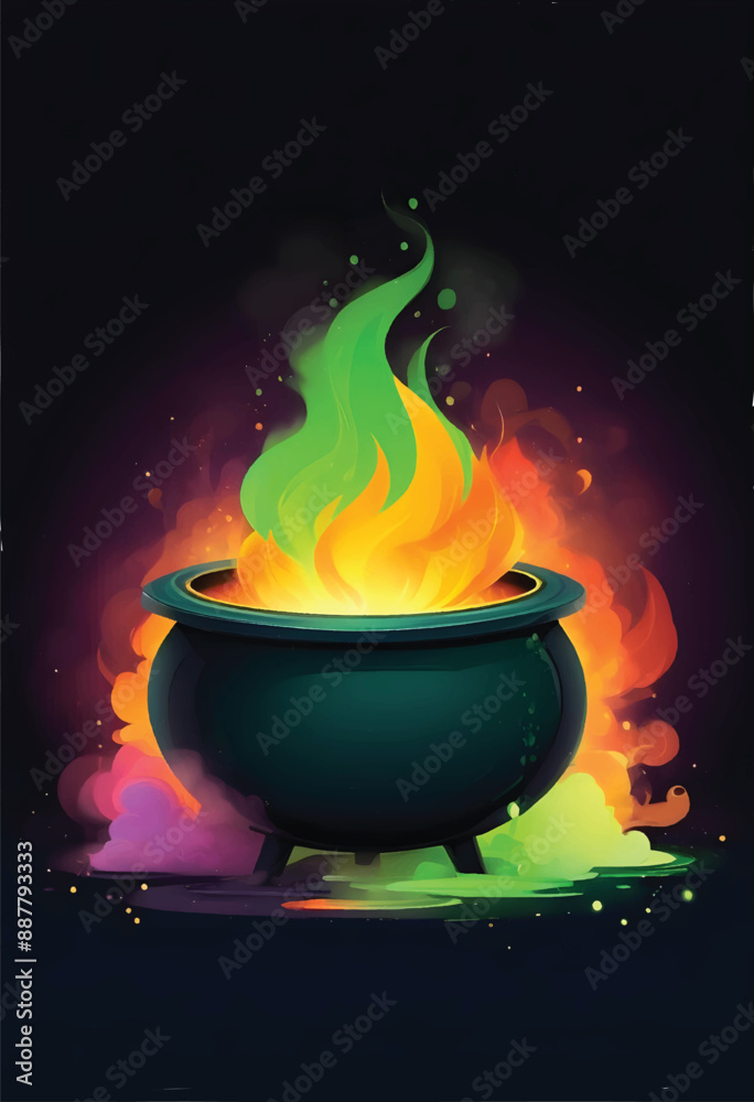 vector of a black background with a cauldron of boiling liquid with colorful fire and smokes vector of a black background with a cauldron of boiling liquid with colorful fire and smokes