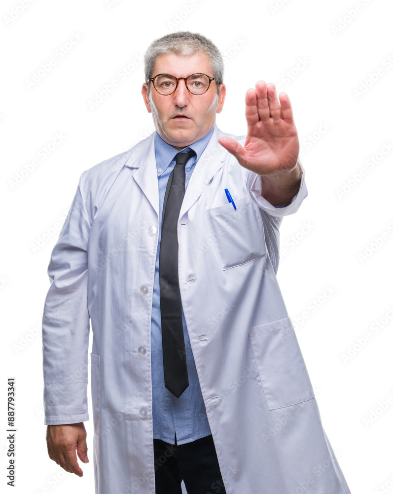 Handsome senior doctor, scientist professional man wearing white coat over isolated background doing stop sing with palm of the hand. Warning expression with negative and serious gesture on the face. Handsome senior doctor, scientist professional man wearing white coat over isolated background doing stop sing with palm of the hand. Warning expression with negative and serious gesture on the face.