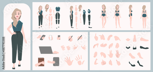 Business woman avatar creation suitable for animation. Generator, constructor of diverse views of face, body, hands and leg parts. Female character construction for comfortable fast motion design.