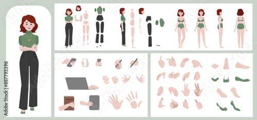 Business woman avatar creation suitable for animation. Generator, constructor of diverse views of face, body, hands and leg parts. Female character construction for comfortable fast motion design.