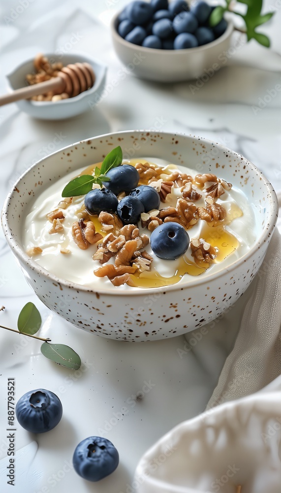 a bowl of yogurt with blueberries and walnuts a bowl of yogurt with blueberries and walnuts