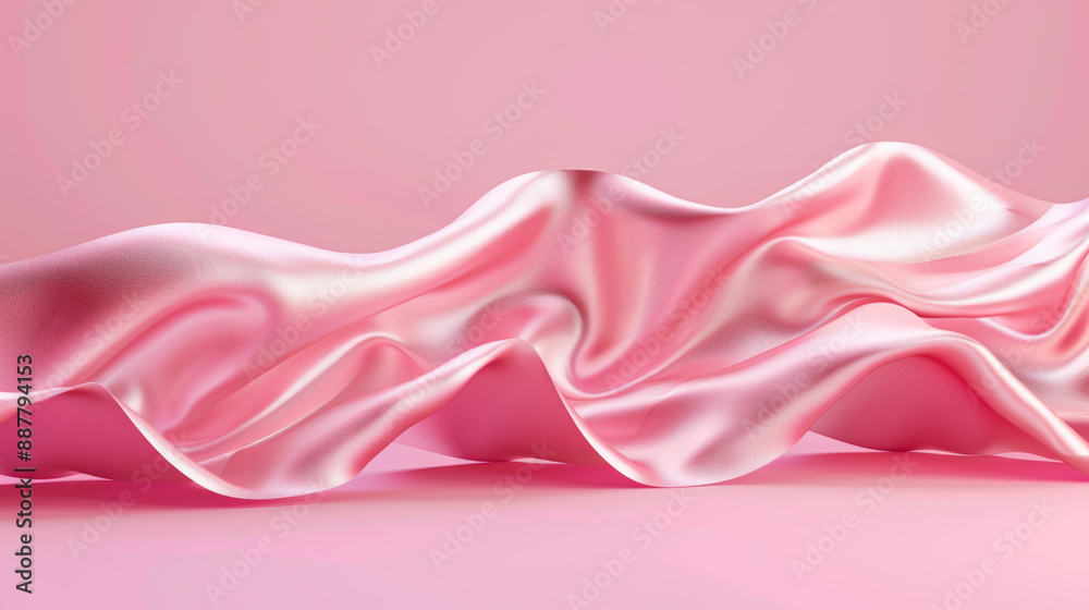 Fototapeta premium Luxury silk fabric gracefully floating in an empty studio. Pastel satin cloth waves against a pink backdrop. Beauty, fashion, and cosmetic product showcase display. Premium brand mockup template.