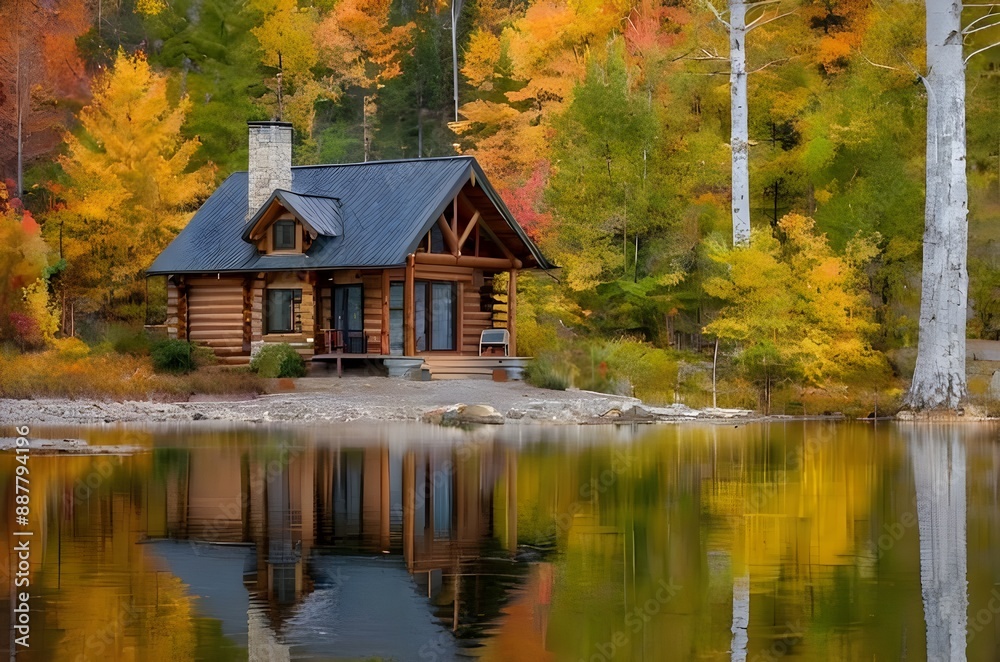 Water reflection of a log cabin the woods Water reflection of a log cabin the woods