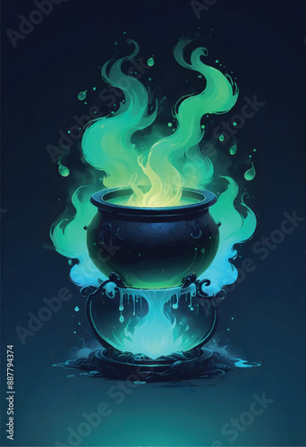 a painting of a halloween black cauldron with a green flame and blue flame with smokes