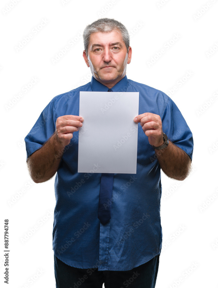Handsome senior man holding blank sheet paper over isolated background with a confident expression on smart face thinking serious Handsome senior man holding blank sheet paper over isolated background with a confident expression on smart face thinking serious