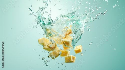 Refreshing Breadfruit Chunks Splash in Water with Tropical Vibe, Generative Ai