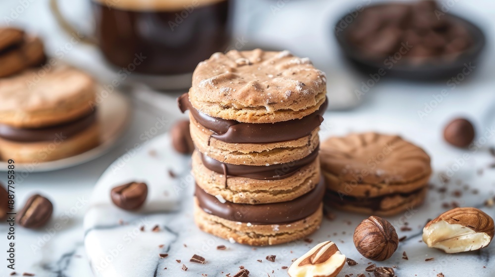 Italian Hazelnut Biscuits with Chocolate Cream and Espresso on Marble Table Italian Hazelnut Biscuits with Chocolate Cream and Espresso on Marble Table