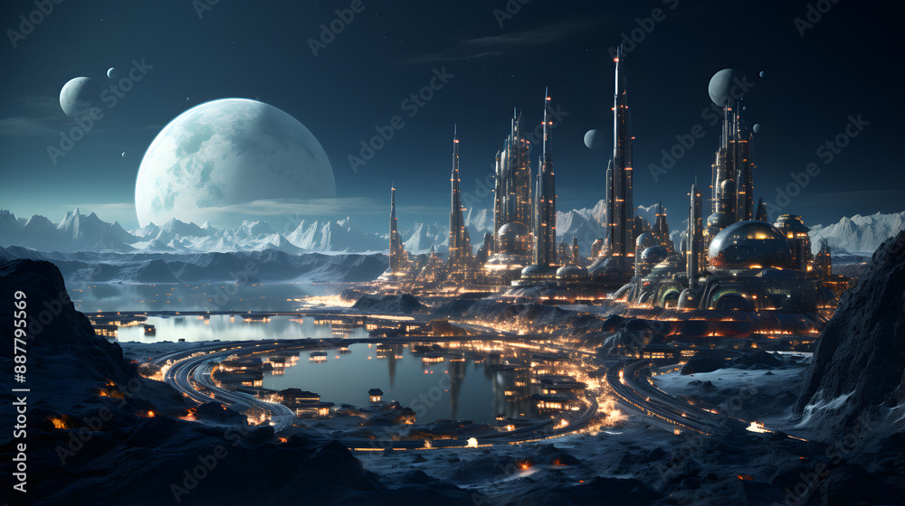 A futuristic city, illuminated by the soft glow of a massive moon, thrives on a distant planet. A futuristic city, illuminated by the soft glow of a massive moon, thrives on a distant planet.
