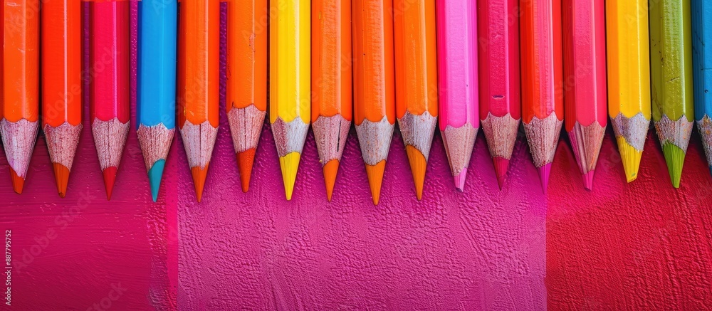Colorful pencils arranged neatly against a vibrant backdrop with copy space image Colorful pencils arranged neatly against a vibrant backdrop with copy space image