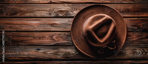 Top down view of a brown winter hat resting on a wooden surface with copy space image