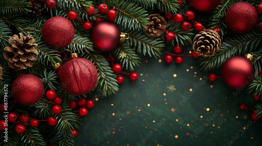 fir branches with Christmas balls and holy berries fir branches with Christmas balls and holy berries