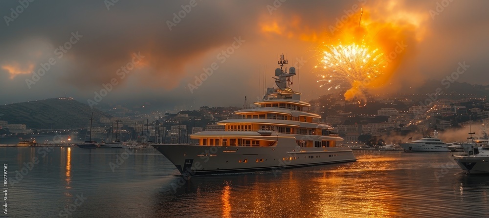 Fototapeta premium Luxurious yacht with stunning fireworks show illuminating the night sky over the sea