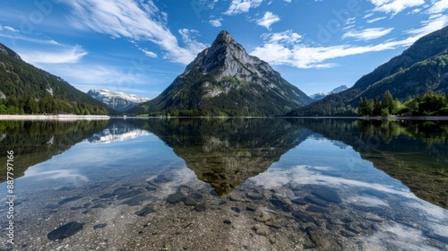 a serene lake reflection with a mountain backdrop in perfect symmetry Tack-sharp focus on the vivid reflection