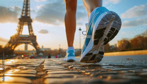 Runner's Foot Steps Near Eiffel Tower at Sunset