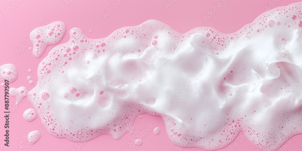 A pink background with white foam bubbles. The bubbles are in a line and are of different sizes