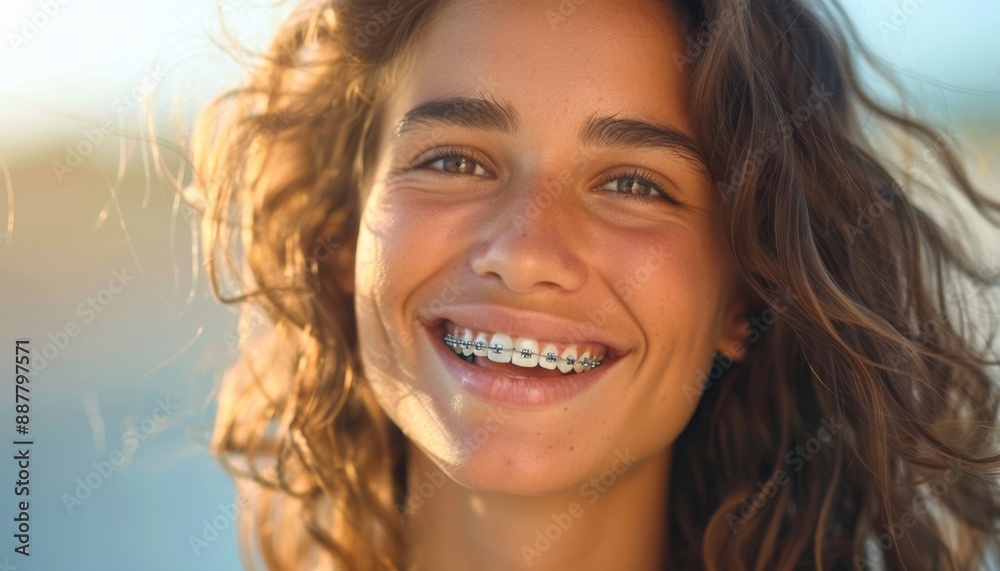 Woman With Braces Smiling Outdoors on a Sunny Day Woman With Braces Smiling Outdoors on a Sunny Day