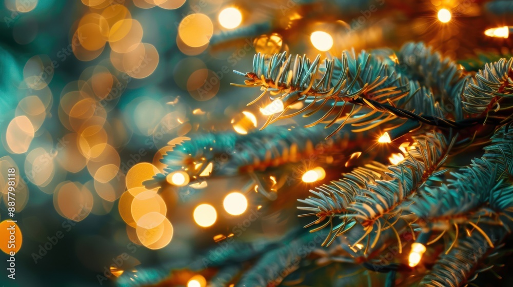 Close-up of pine tree branches adorned with golden Christmas lights, creating a festive and warm holiday atmosphere. Close-up of pine tree branches adorned with golden Christmas lights, creating a festive and warm holiday atmosphere.