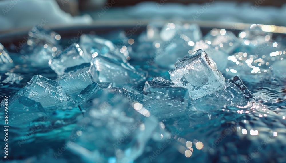 Close Up Of Clear Ice Cubes Floating In Blue Water On A Sunny Day Close Up Of Clear Ice Cubes Floating In Blue Water On A Sunny Day