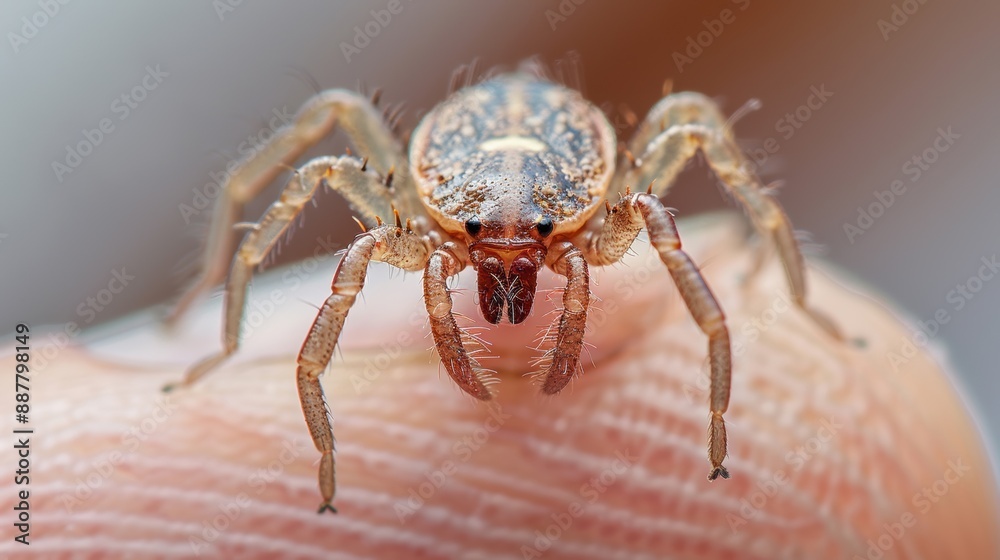 Close-up macro shot of a tick on human skin, highlighting its detailed anatomy and texture. Close-up macro shot of a tick on human skin, highlighting its detailed anatomy and texture.