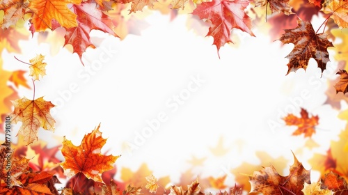 Autumn-themed image with vibrant maple leaves scattered on a white background, perfect for seasonal and nature-related designs.