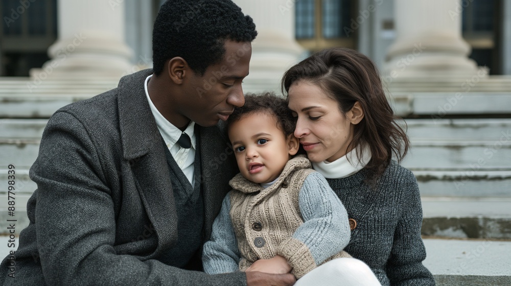 Obraz premium a mixed-race family adoption day, courthouse steps, emotion evident