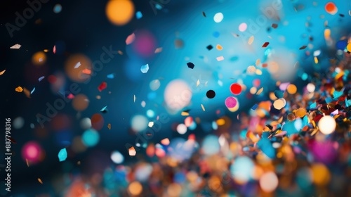 Vibrant multicolored confetti pieces suspended in mid-air with a blurred blue background, creating a festive and joyful atmosphere.