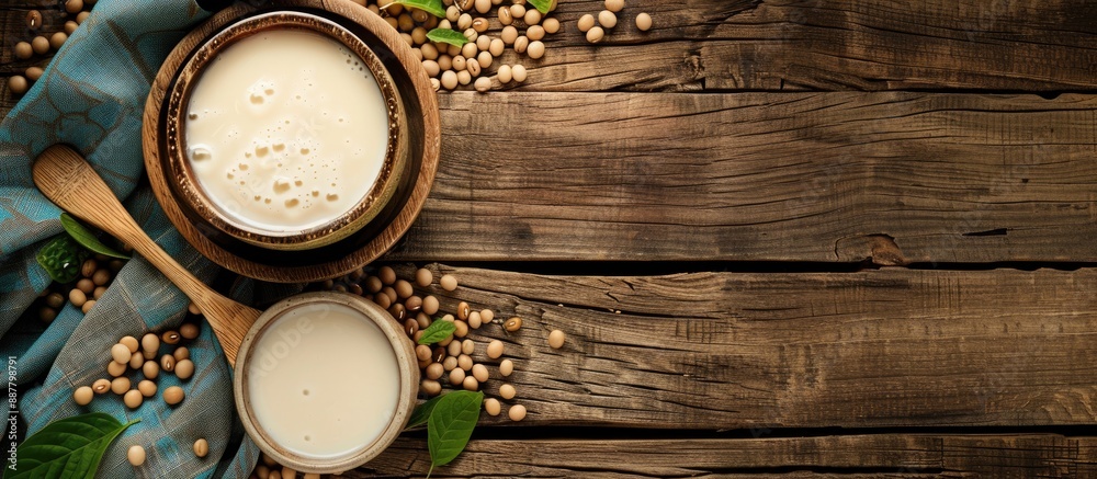 Wooden table featuring fresh soy milk and beans displayed in a flat lay arrangement with ample space available for text in the image Wooden table featuring fresh soy milk and beans displayed in a flat lay arrangement with ample space available for text in the image