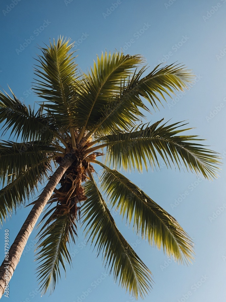 Tranquil tropical scene palm tree with clear sky for text placement Tranquil tropical scene palm tree with clear sky for text placement
