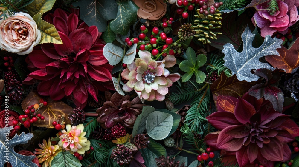 Artificial flowers and leaves are artfully arranged for seasonal celebrations Artificial flowers and leaves are artfully arranged for seasonal celebrations