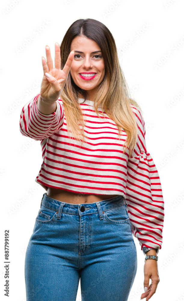 Young beautiful woman casual stripes winter sweater over isolated background showing and pointing up with fingers number four while smiling confident and happy. Young beautiful woman casual stripes winter sweater over isolated background showing and pointing up with fingers number four while smiling confident and happy.