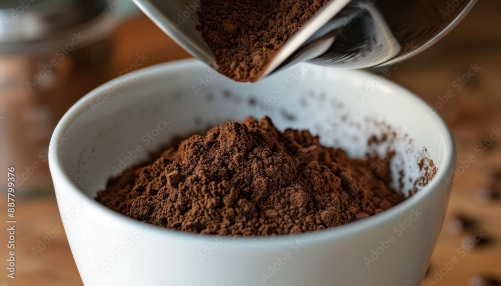 Cocoa Powder Being Poured Into a White Bowl on Wooden Surface Cocoa Powder Being Poured Into a White Bowl on Wooden Surface