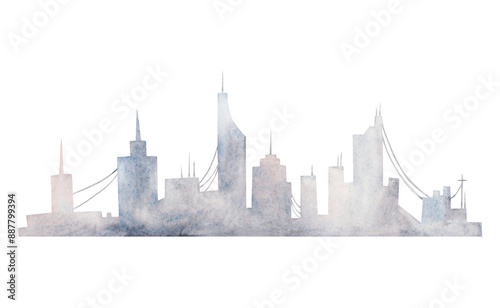 Photography Watercolor city silhouette on sunrise in blue grey and pink colors illustration isolated on white