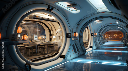 This futuristic laboratory has round corridors and is decorated in white and blue. There are bright lamps above each table. An X-ray machine and medical equipment can be seen in the lab. © Aditya