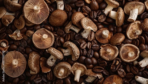 Closeup of Brown Mushrooms and Coffee Beans