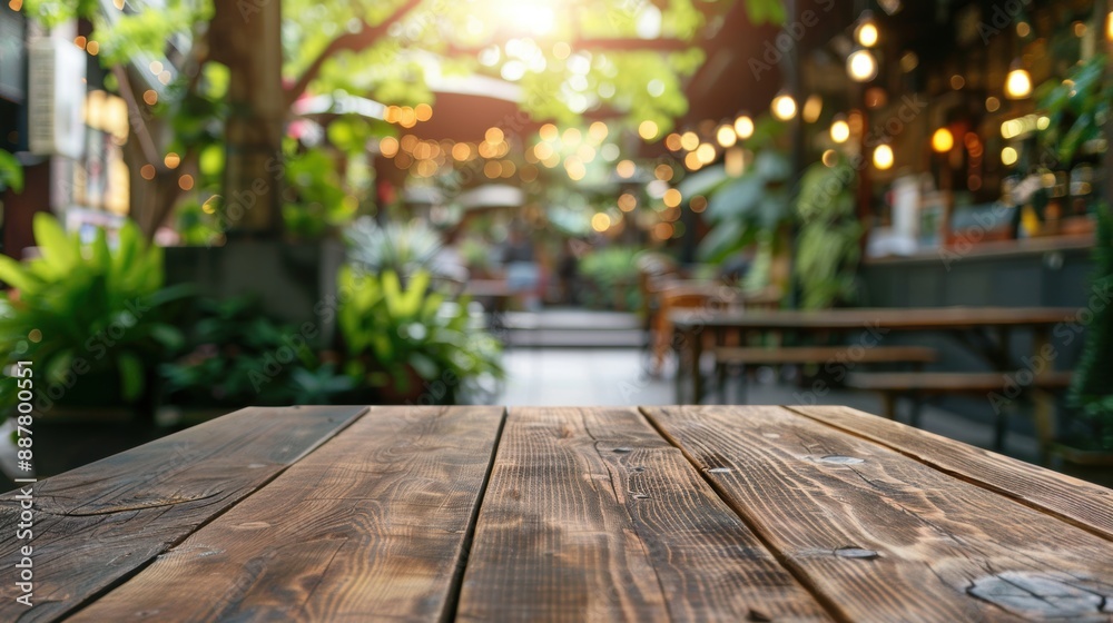 Outdoor seating in a garden café with a rustic wooden table in focus, surrounded by lush greenery and soft bokeh lights. Outdoor seating in a garden café with a rustic wooden table in focus, surrounded by lush greenery and soft bokeh lights.