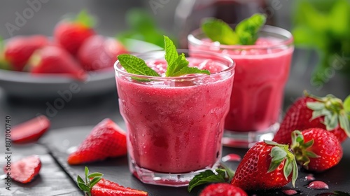 Wallpaper Mural Vibrant strawberry smoothie topped with fresh mint leaves, surrounded by whole and sliced strawberries on a dark background. Torontodigital.ca