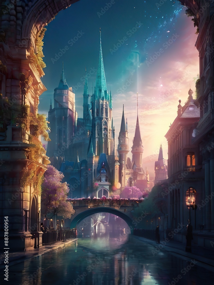 Fototapeta premium Magic fantasy castle. Fairy tale fantasy town landscape. Magical world.