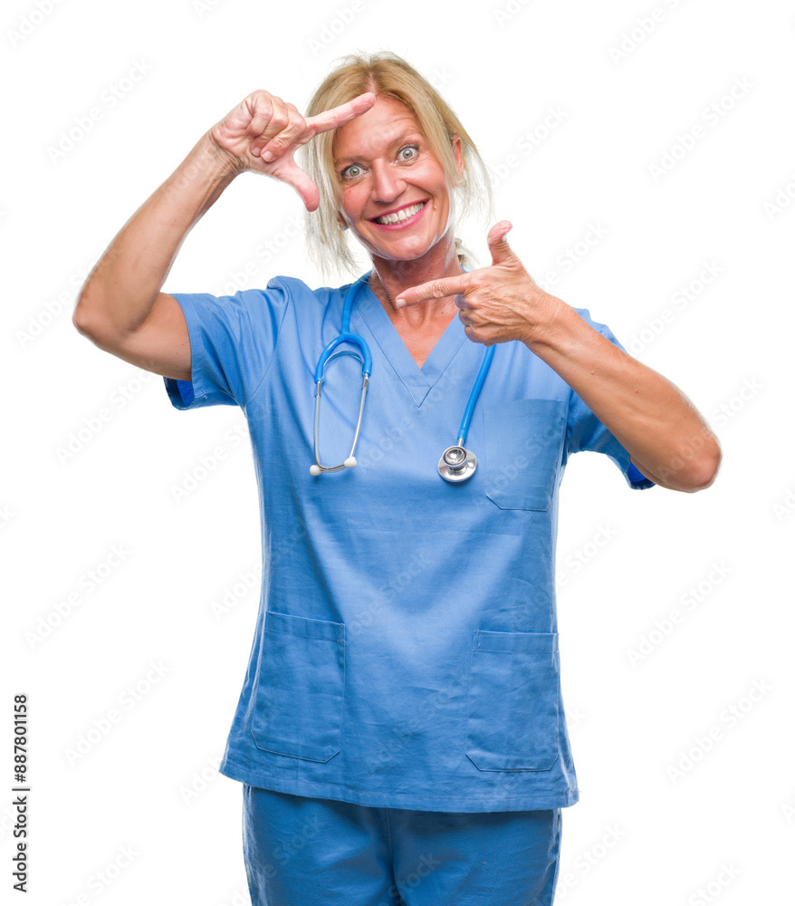 Middle age blonde nurse surgeon doctor woman over isolated background smiling making frame with hands and fingers with happy face. Creativity and photography concept. Middle age blonde nurse surgeon doctor woman over isolated background smiling making frame with hands and fingers with happy face. Creativity and photography concept.