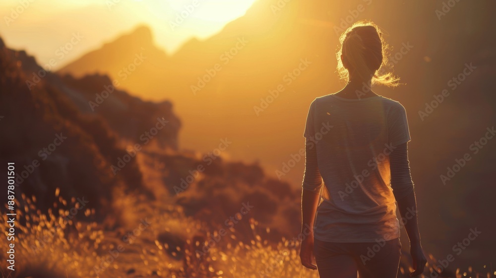 Obraz premium A woman stands on a mountain trail, bathed in the warm glow of the setting sun, appreciating the serene landscape.