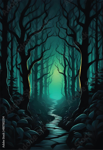 vector illustration of a dark forest with a path in the dark